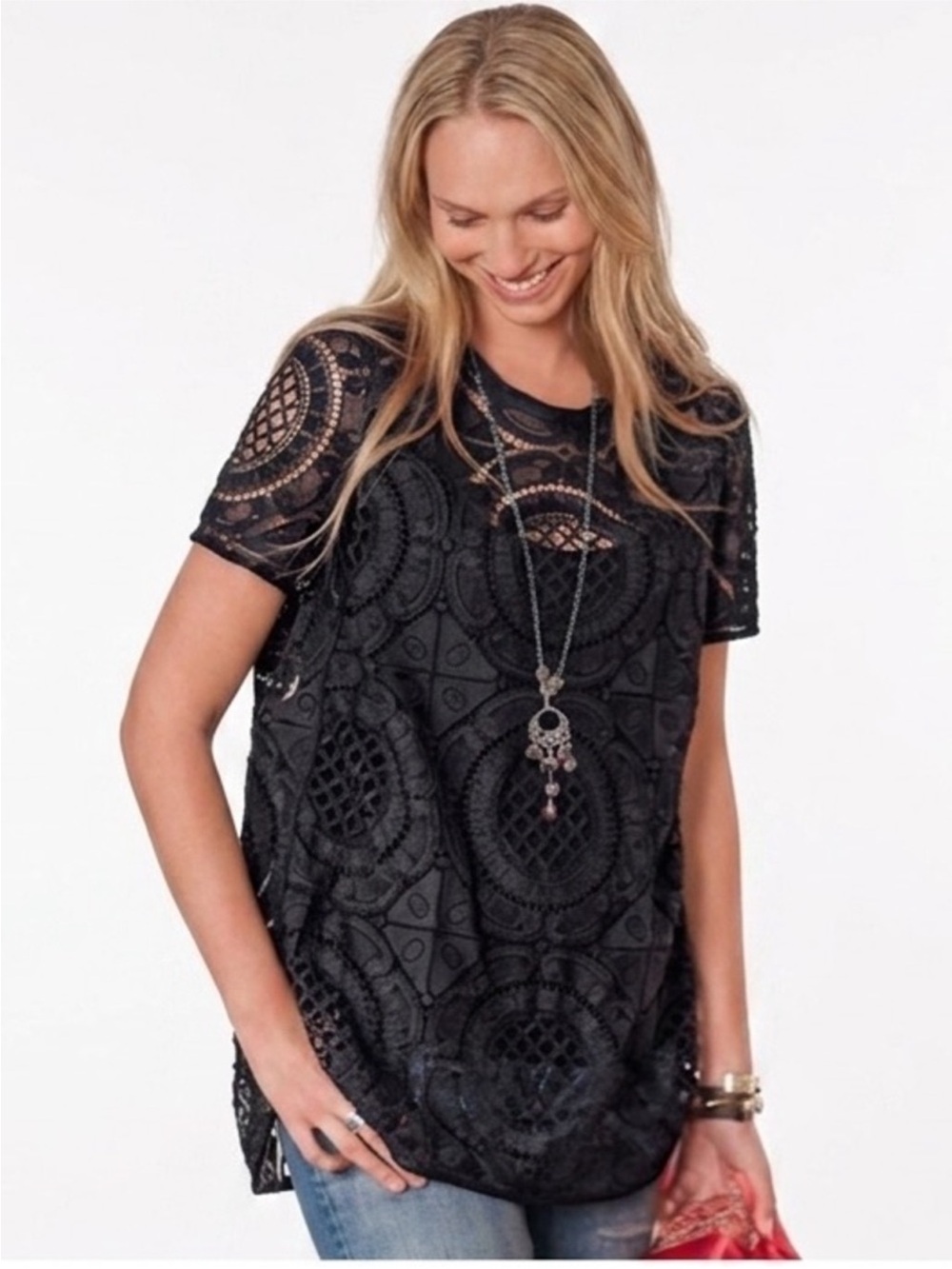 Sundance Black Lace Short-Sleeve Crochet Top, NWOT, size S